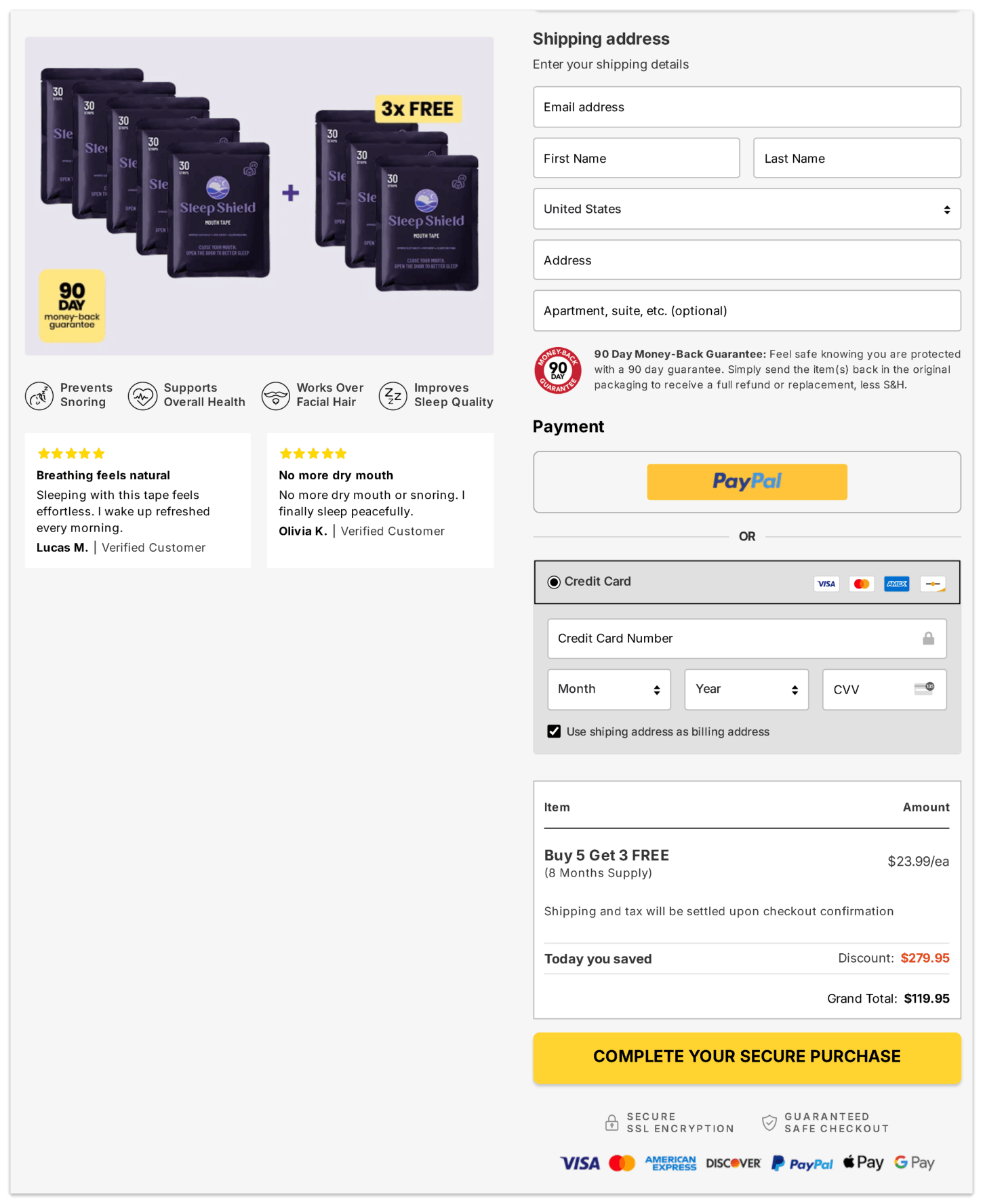 Sleep Shield checkout page